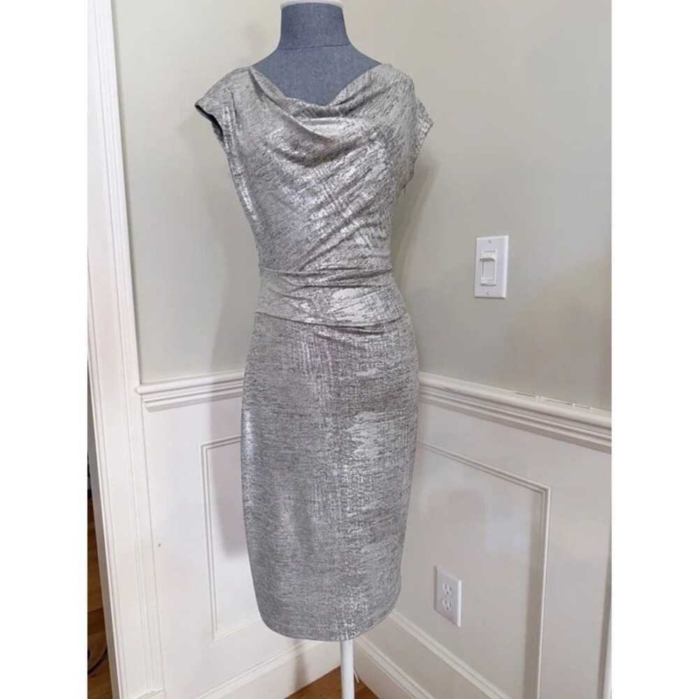 Vince Camuto Silver Metallic Cowl Neck Ruched Cocktail Dress Size 2